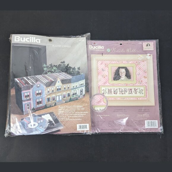 Bucilla Row Of Houses CD Holder Plastic Canvas & Photo Frame Cross Stitch Kits - Picture 1 of 8